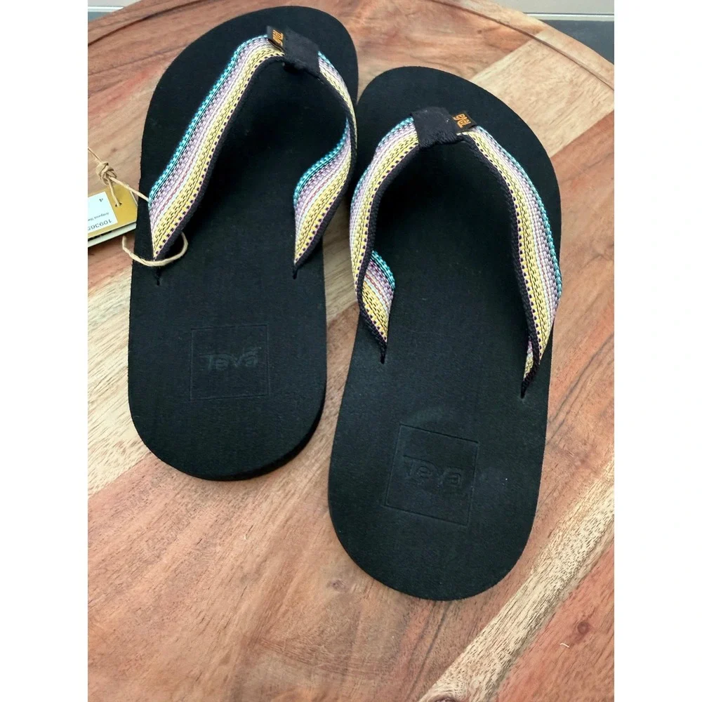 Teva Mush II Flip Flops Antigua Black Multi Striped Sandals - Youth Size 4 - NWT